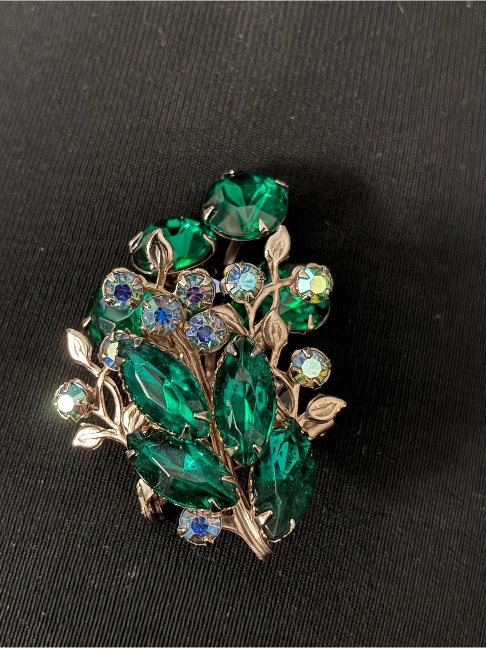 Vintage Emerald Green & Blue AB Rhinestone Gold Tone Brooch